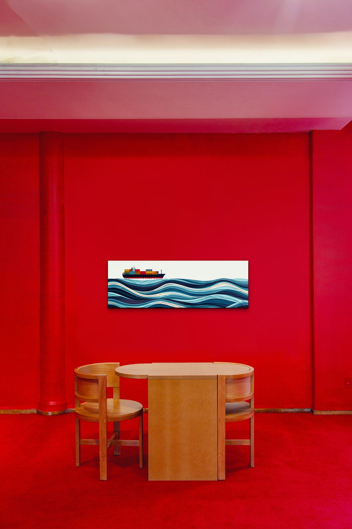 Minimalist Panoramic Cargo Ship On Layered Blue Ocean Waves Poster - Image 5