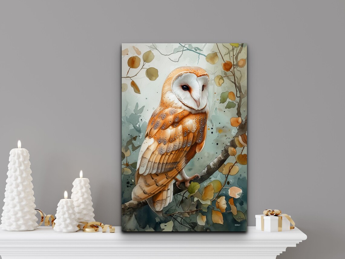 Barn Owl Perched Branch Autumn Leaves Watercolor Bird Poster