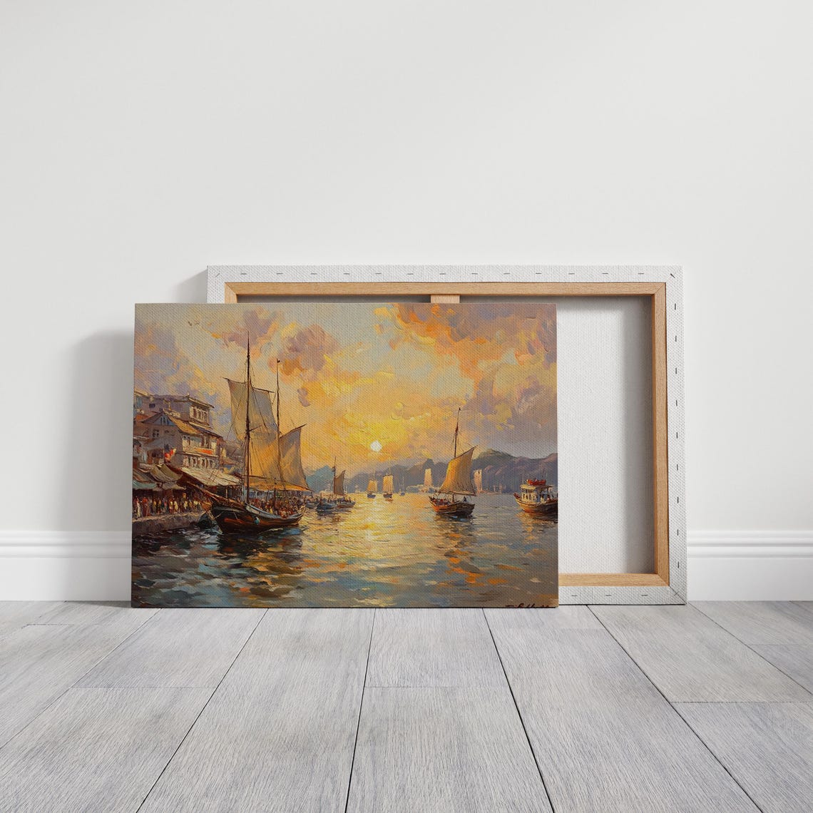 Sailboats Sunset Harbor Bustling Waterfront Vintage Scene Poster - Image 7
