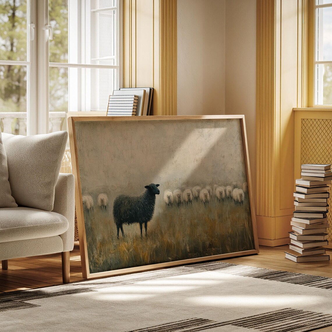 Black Sheep In Foggy Meadow Rustic Animal Art Print - Image 5