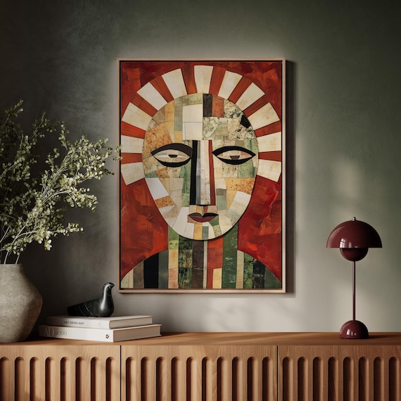 Cubist Mosaic Face With Radiating Sun Halo Earthy Art Poster