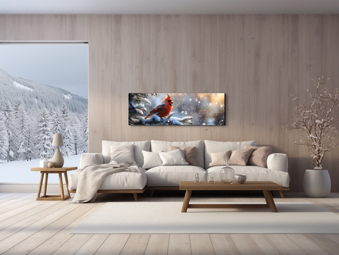 Red Cardinal Perched on a Snow Covered Pine Branch Panoramic Poster - Image 6