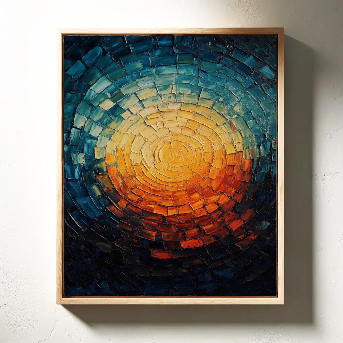 Bold Abstract Sun Oval Mosaic Oil Painting Deep Blue Orange Art - Image 3