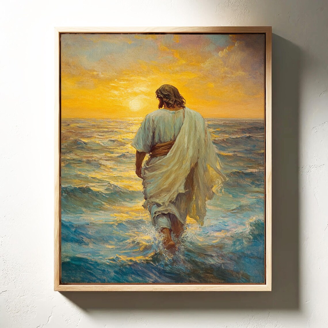 Jesus Walking On Waves At Sunrise Golden Christian Faith Art Poster