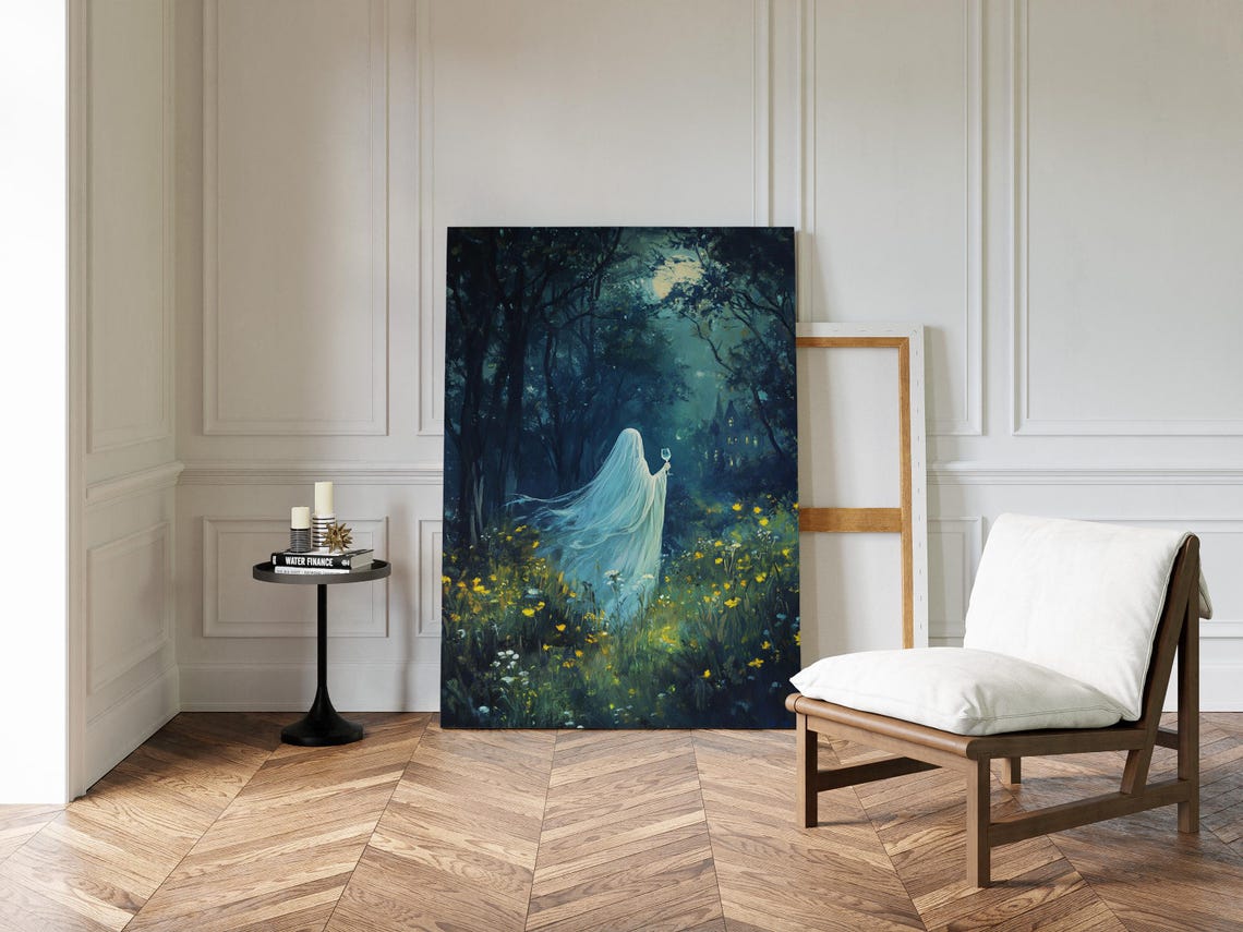 Ghost Holding Wine Glass in Moonlit Wildflower Forest Night Art Poster - Image 4