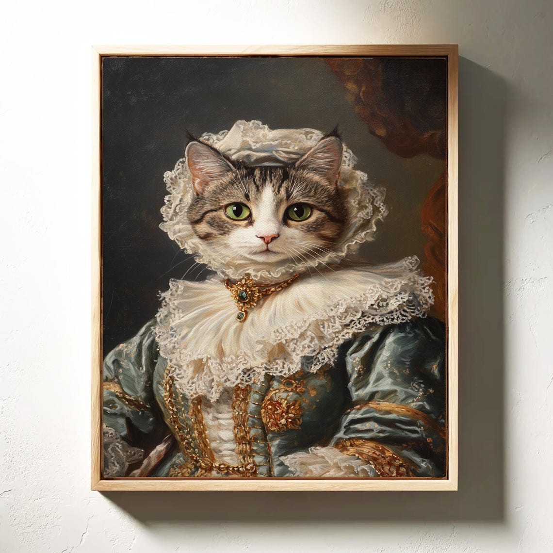 Tabby Cat Victorian Aristocrat Lace Bonnet Emerald Brooch Poster - Image 7
