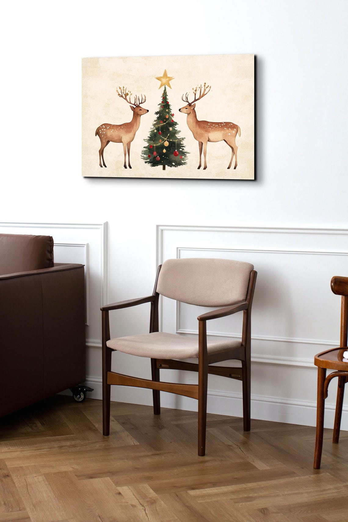 Watercolor Deer Pair Christmas Tree Star Snowy Holiday Poster - Image 3