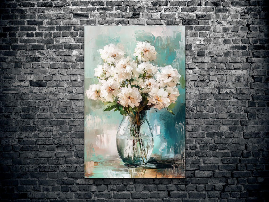 White Peonies Glass Vase Teal Abstract Floral Bouquet Art Poster - Image 2