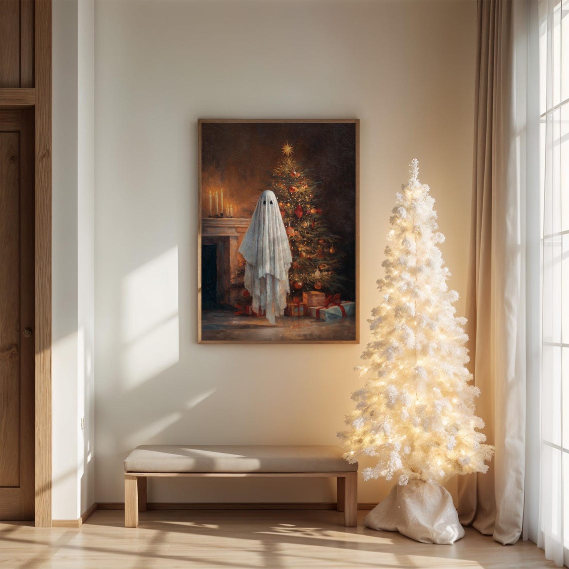 Cute Ghost By Candlelit Christmas Tree Haunted Holiday Art Poster