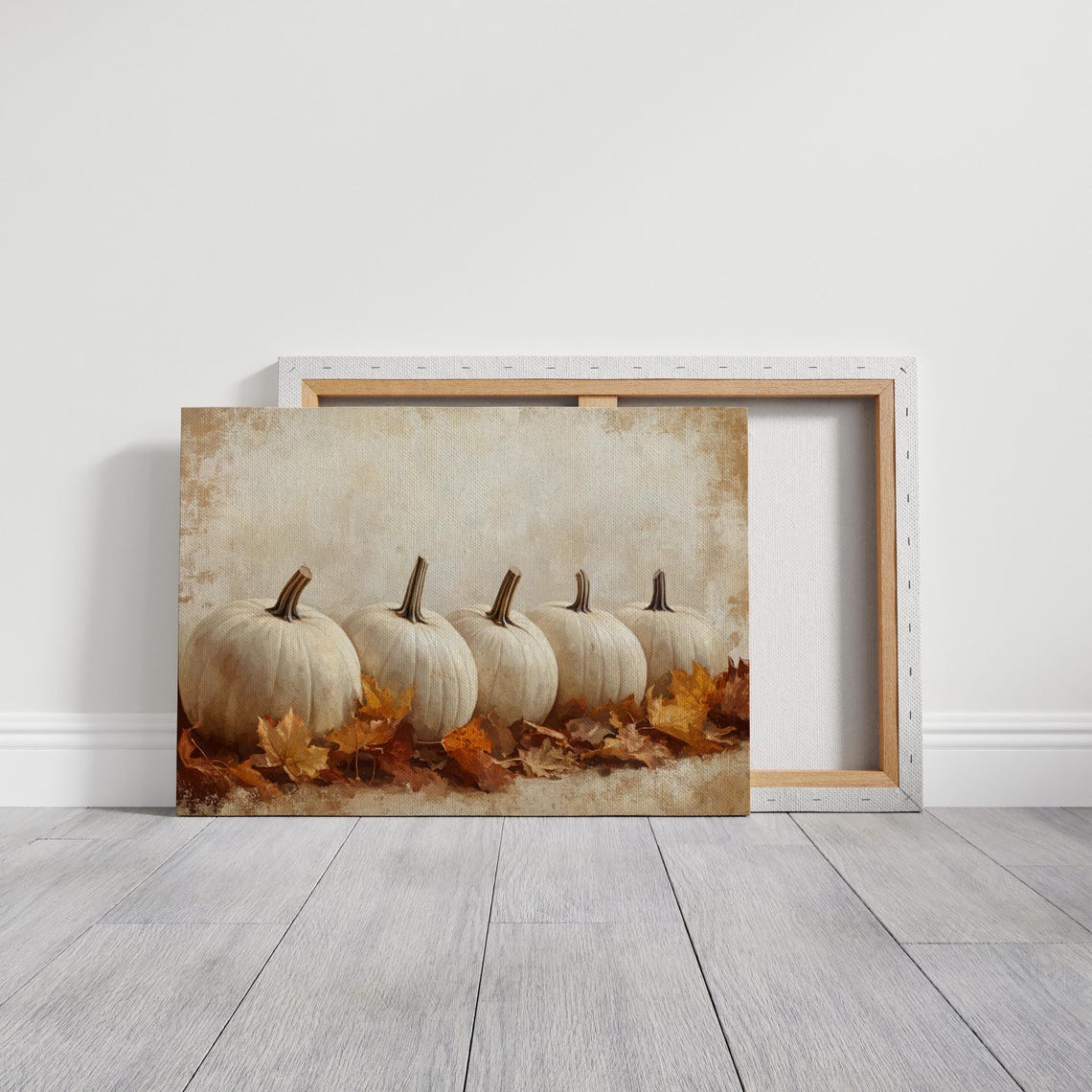 Five White Pumpkins In A Row Among Golden Autumn Leaves Fall Poster - Image 3