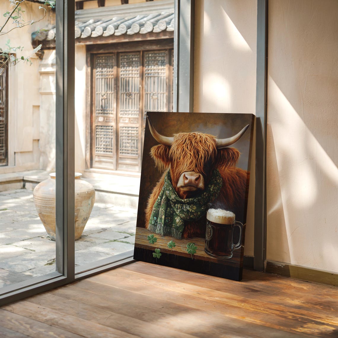 Shaggy Highland Cow Clover Scarf Frothy Beer Mug Wall Poster - Image 7