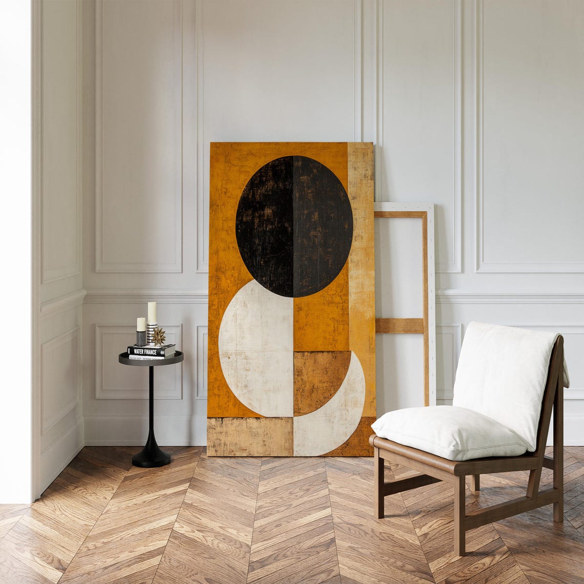 Modern Abstract Geometric Bold Minimalist Wall Art In Black White Ochre Contemporary Home Office Decor - Image 2