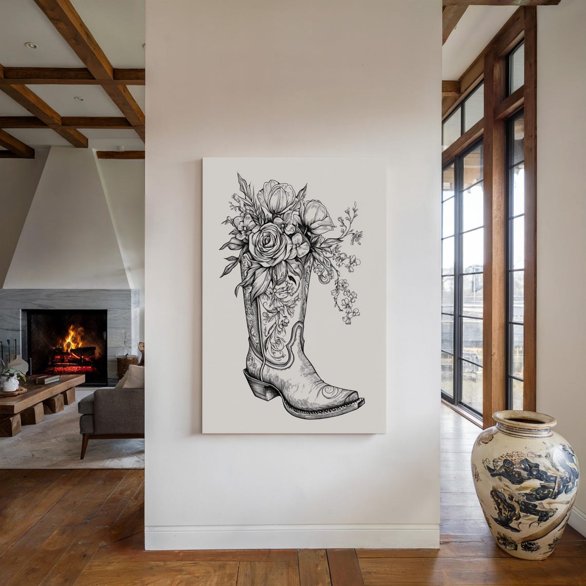Cowboy Boot Filled With Roses And Tulips Black Ink Western Poster - Image 2