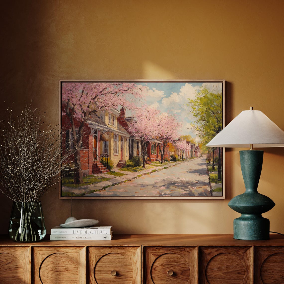 Cherry Blossom Street Springtime Brick Townhouse Row Scene Wall Art - Image 4