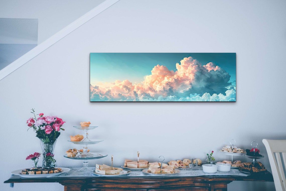 Pink Sunset Clouds Teal Sky Dreamy Panoramic Cloudscape Wall Art - Image 4