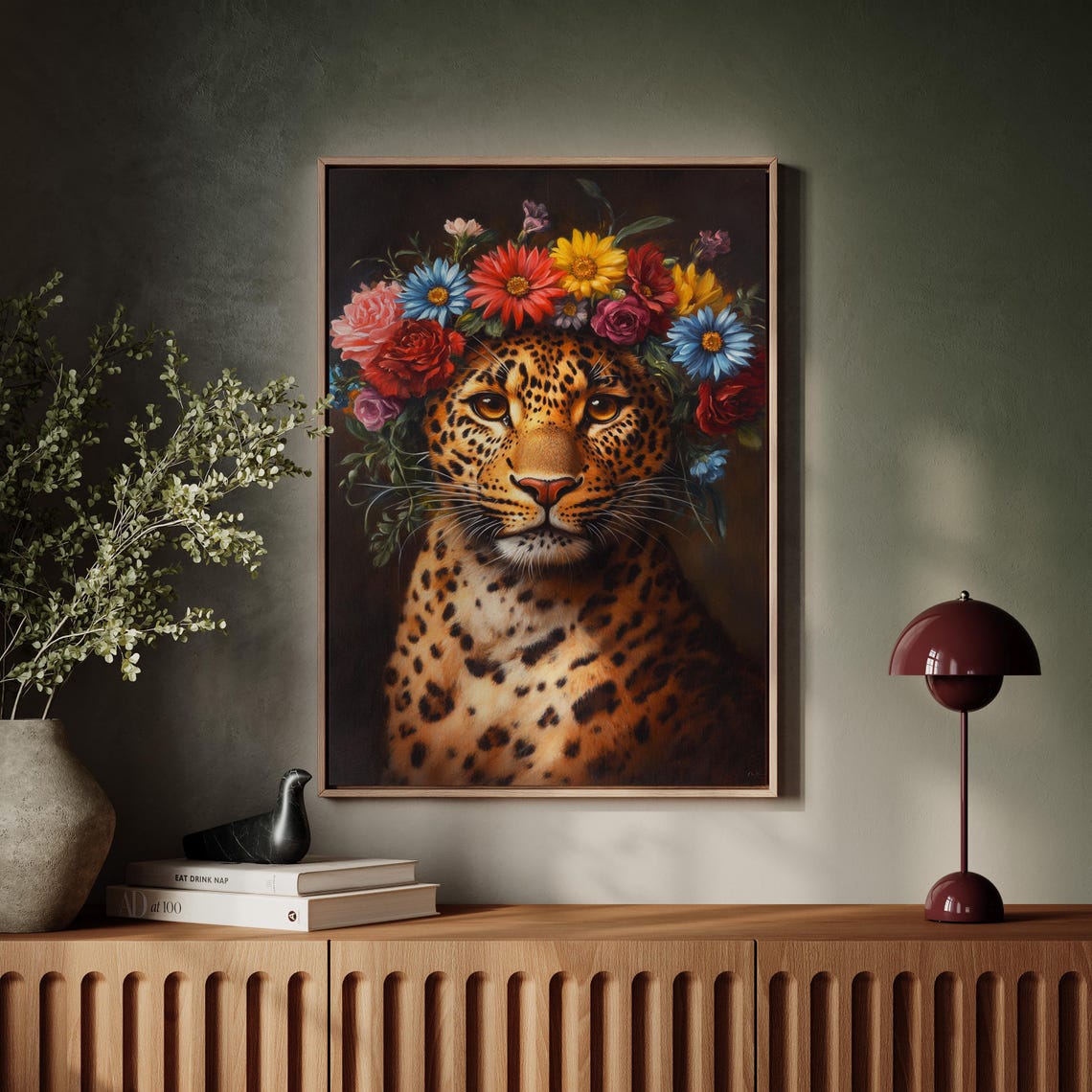 Leopard Portrait Wearing Vibrant Flower Crown Dark Floral Poster - Image 7