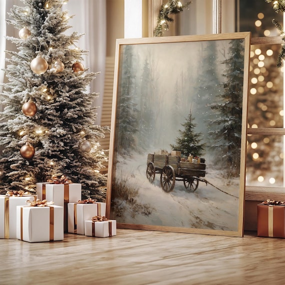 Snowy Forest Wagon Loaded with Christmas Gifts Winter Scene Poster