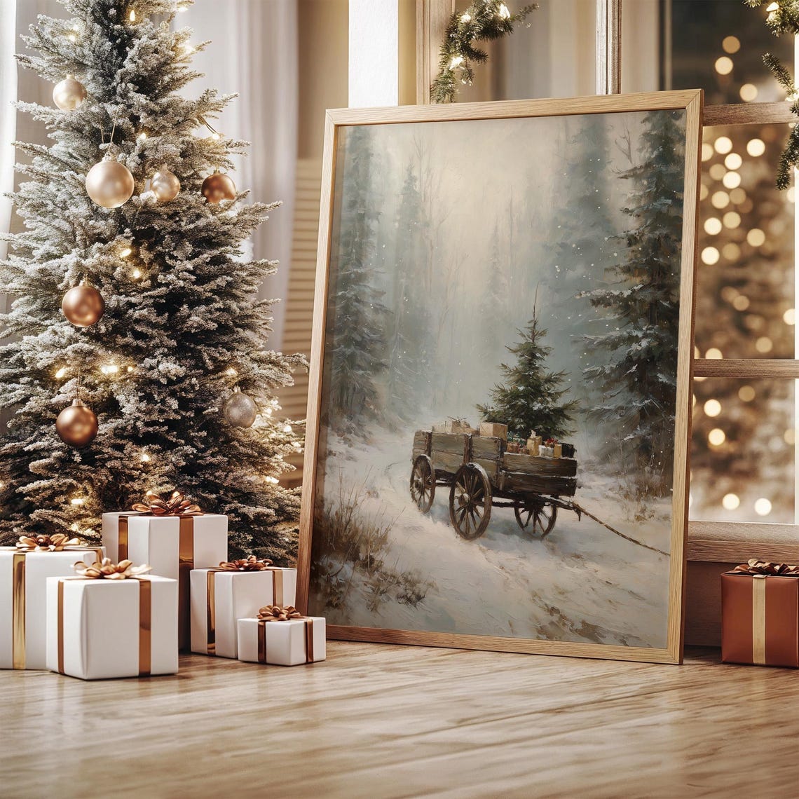 Snowy Forest Wagon Loaded with Christmas Gifts Winter Scene Poster