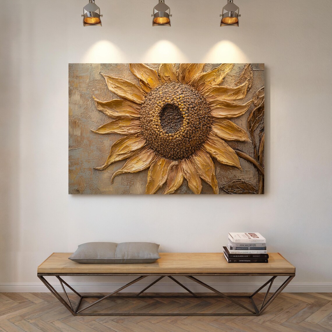 Golden Textured Sunflower Close-Up in Thick Impasto Oil Paint Poster