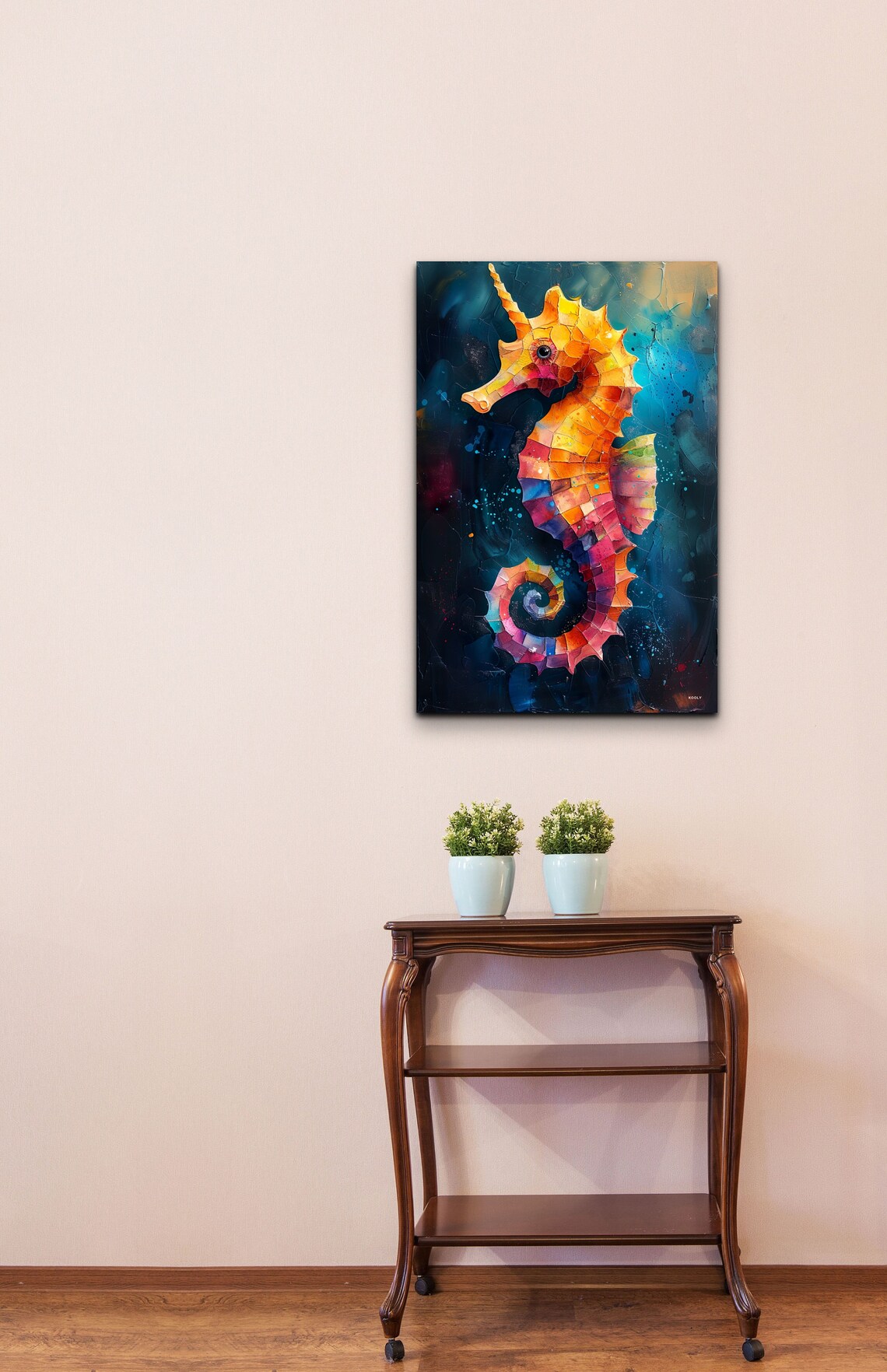 Colorful Mosaic Seahorse Orange Pink Dark Teal Ocean Art Poster - Image 5