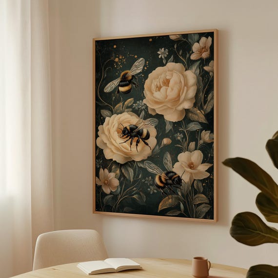 Bumblebees And Cream Roses Wall Art Cottagecore Botanical Decor With Vintage Floral Elegance