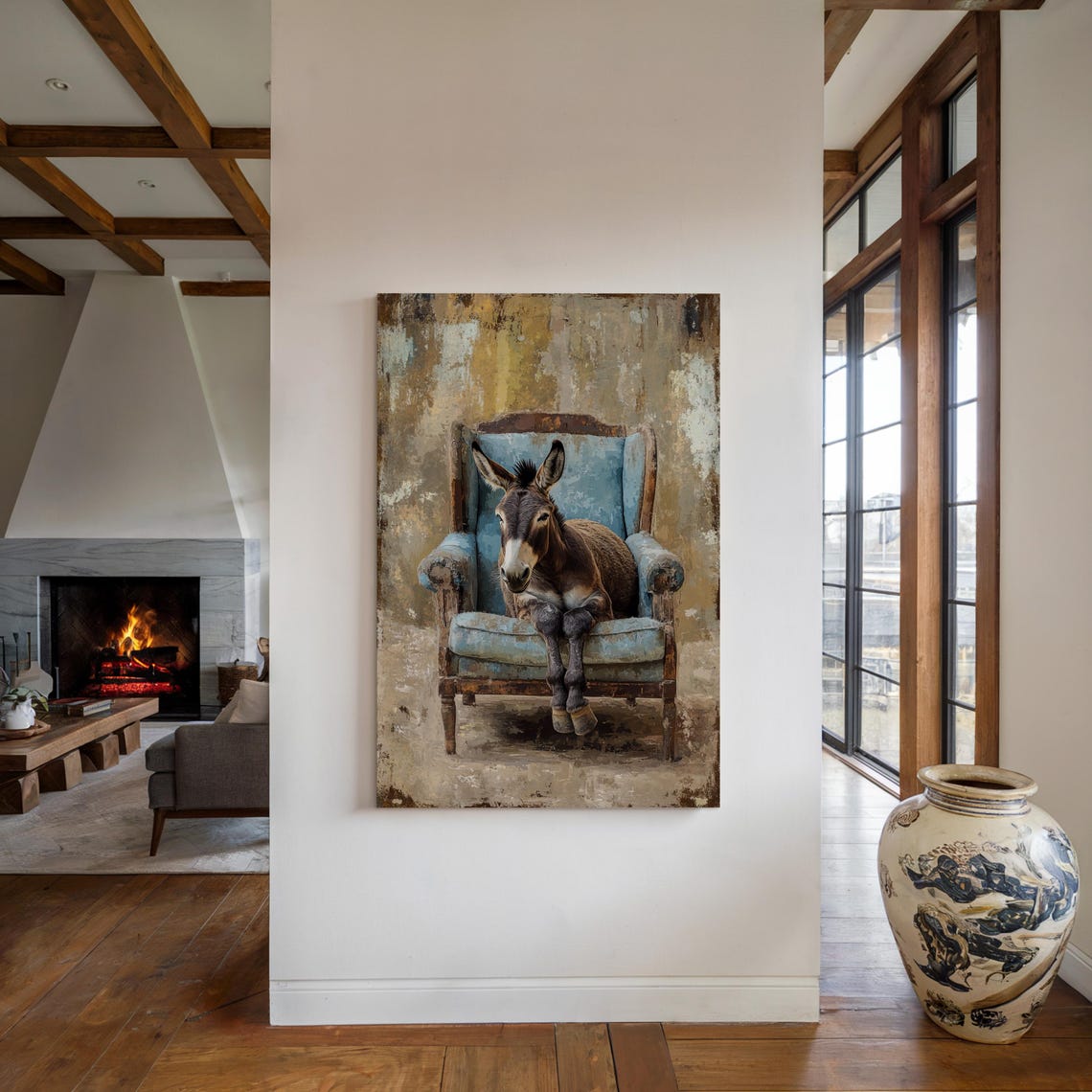 Charming Donkey Sitting in a Rustic Blue Armchair Art Poster - Image 4