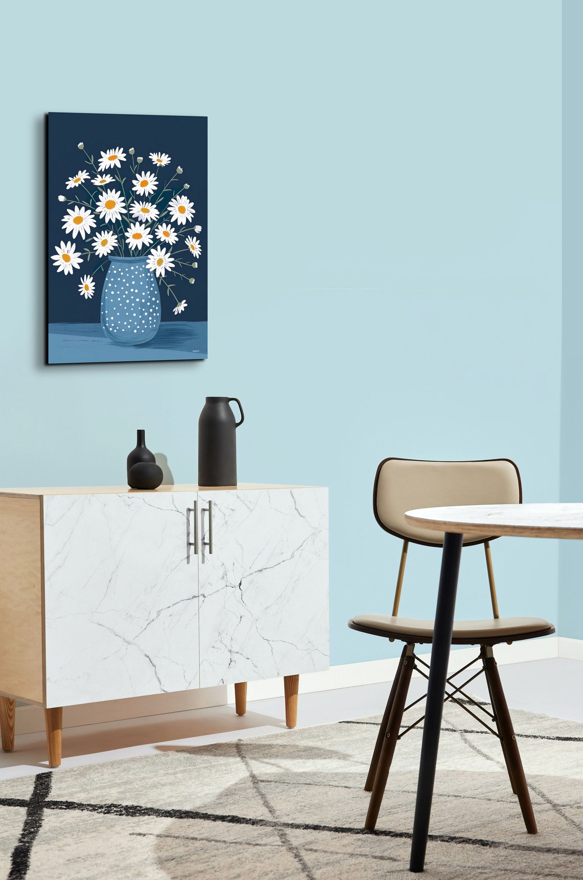 White Daisies In Blue Polka Dot Vase On Navy Background Poster - Image 5