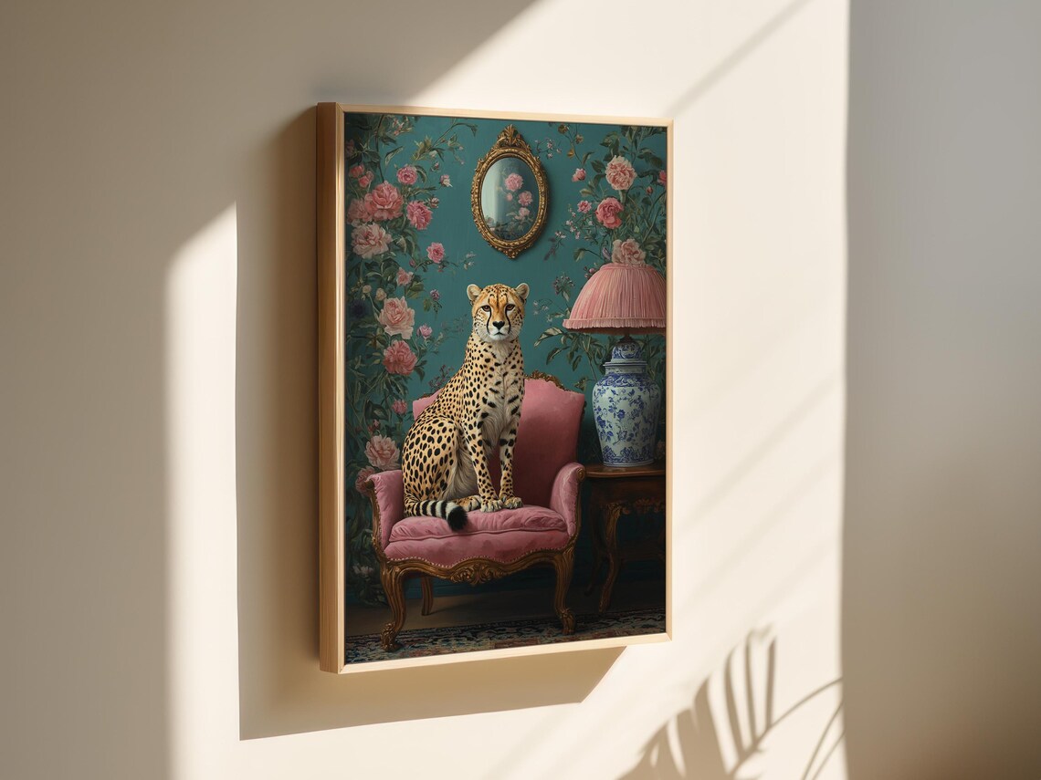 Elegant Cheetah On Pink Chair, Vintage Inspired Floral Room - Image 6