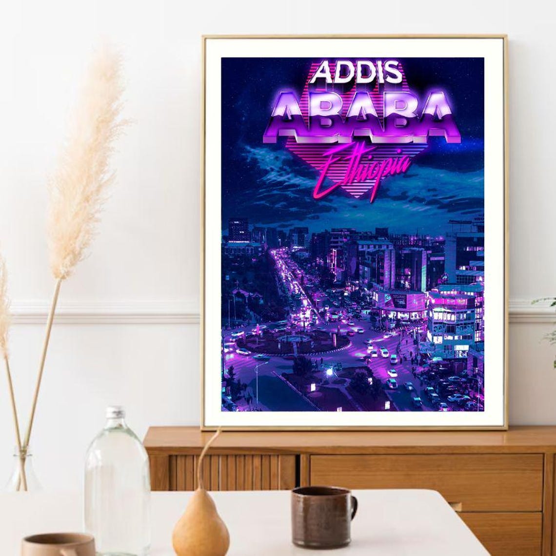 Addis Ababa Ethiopia Neon Night Cityscape Retro Travel Poster