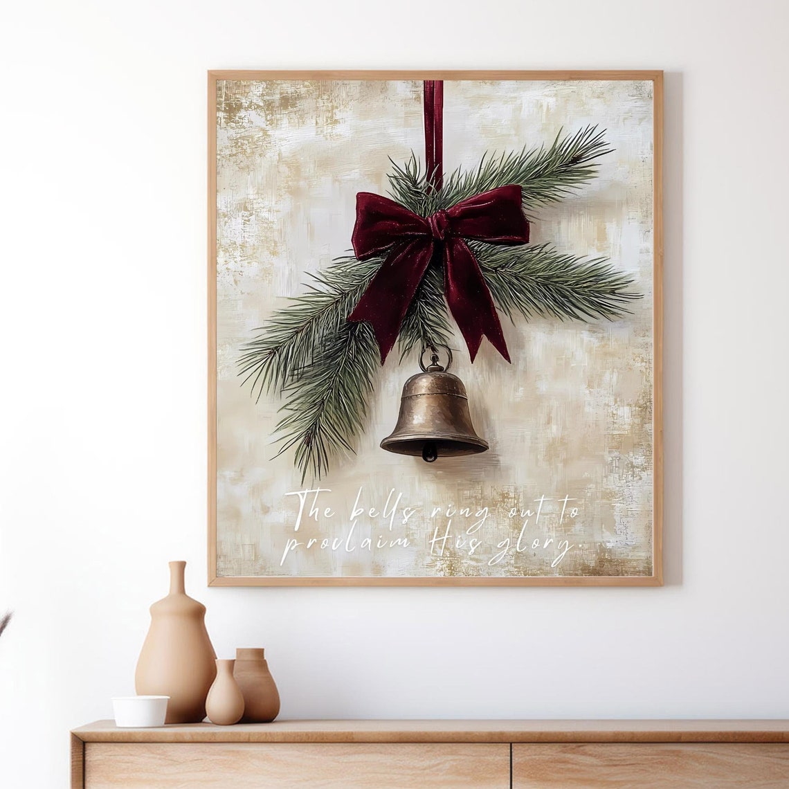 Antique Brass Christmas Bell With Red Velvet Bow Pine Art Poster