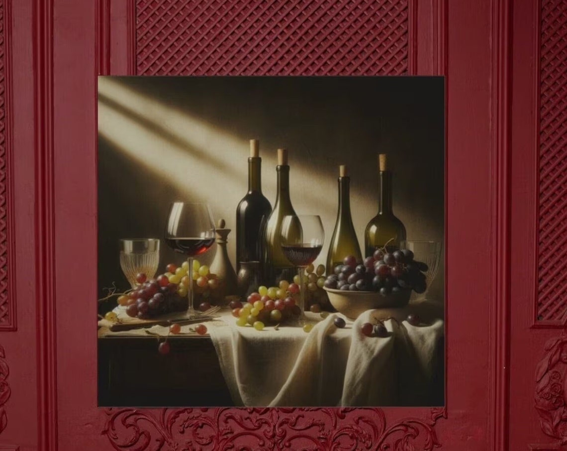 Elegant Wine Bottles Grapes Still Life Table Setting Wall Poster