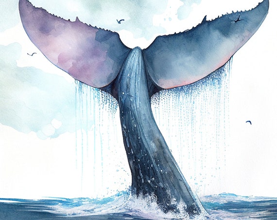 Whale Tail Watercolor Art Print, Nursery Decor
