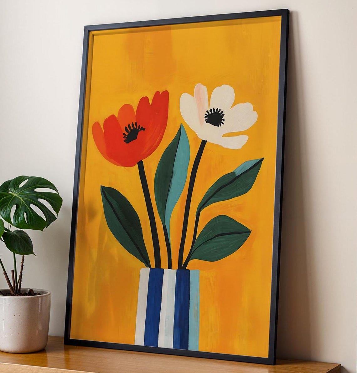 Bold Floral Wall Art Modern Flower Print Red White Poppies Colorful Vase Art Abstract Botanical Boho Home Decor