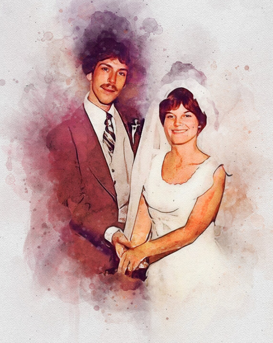 Custom Retro Watercolor Wedding Couple Portrait White Tux Art Poster - Image 4
