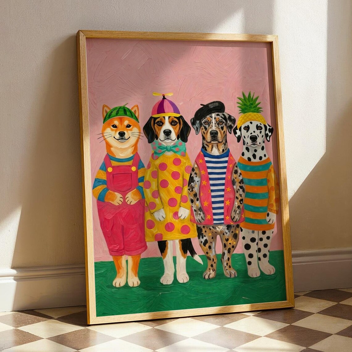 Playful Colorful Dogs in Fancy Costumes Pop Art Funny Dressed Up Dogs Poster