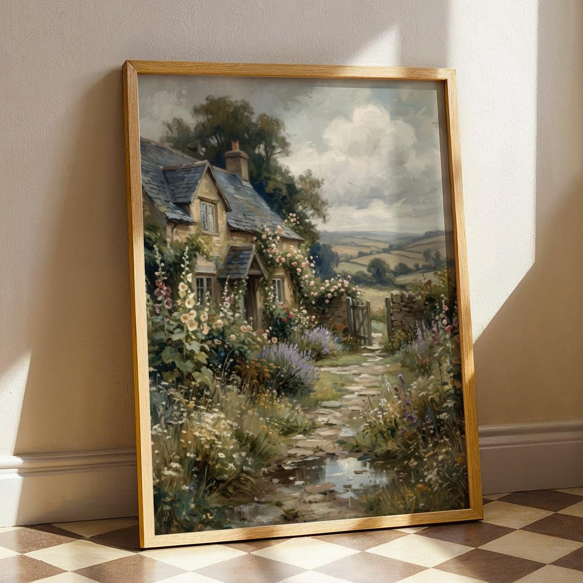 Cottage Garden Art Print English Landscape Vintage Botanical Moody Floral Decor Country Grandmillennial Digital Download