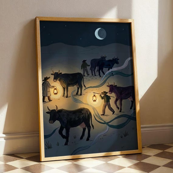Cowboy Cow Western Folk Art Print Moody Desert Night Painting Dark Rustic Ranch Cottagecore Poster Vintage Country Farmhouse Wall Decor