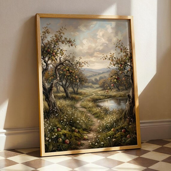Vintage Apple Orchard Painting, Rustic Countryside Art Print