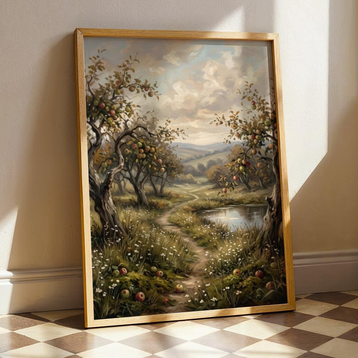 Vintage Apple Orchard Painting, Rustic Countryside Art Print