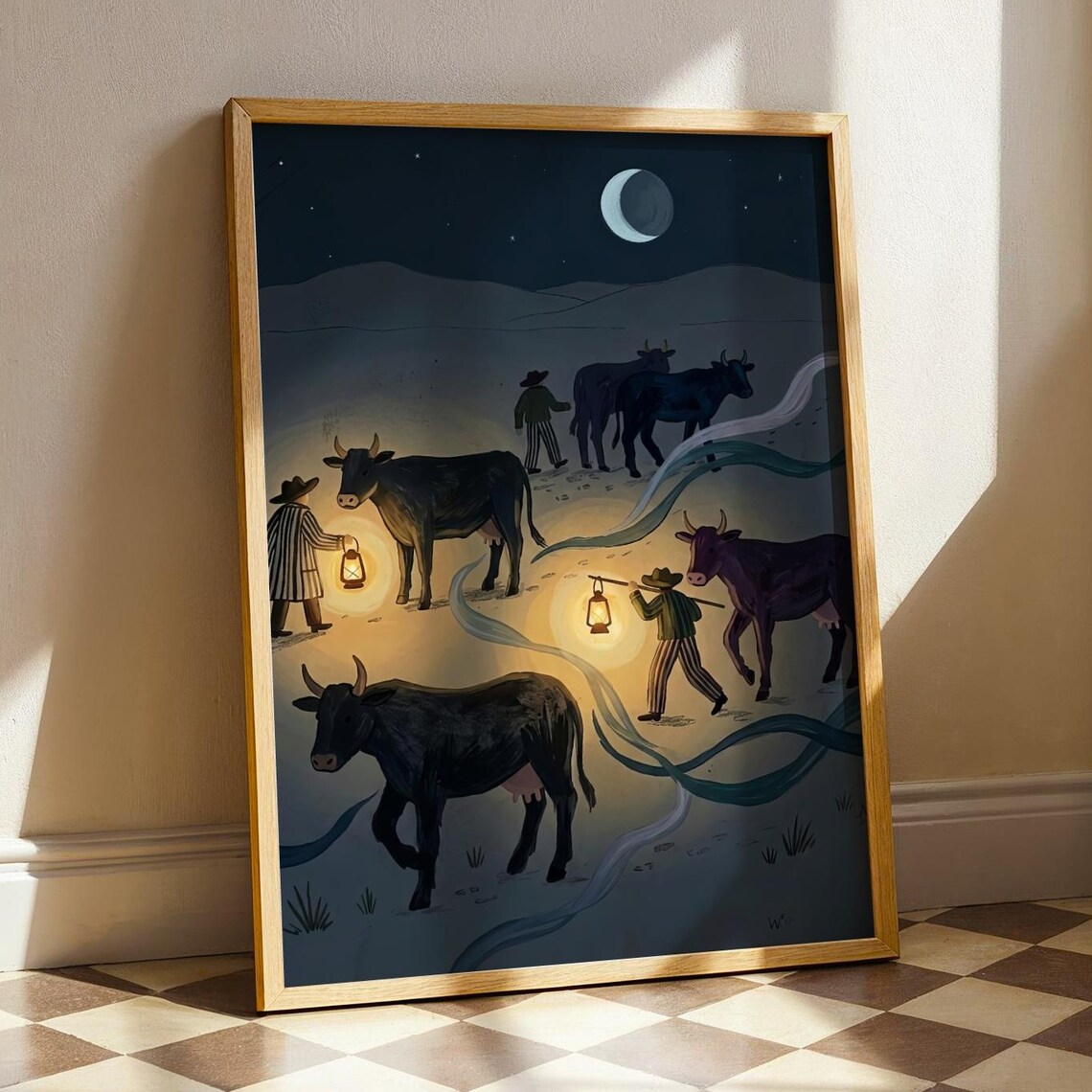 Cowboy Cow Western Folk Art Print, Rustic Ranch Decor