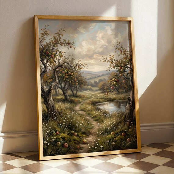 Vintage Apple Orchard Print Cottagecore Landscape Wall Art Rustic Farmhouse Decor Country Path Autumn Nature Painting Digital Download