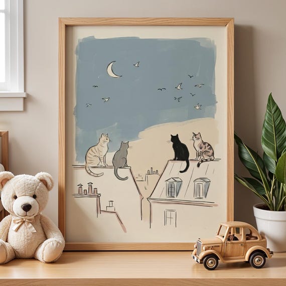 Parisian Cat Wall Art Print Whimsical Rooftop Cats Poster Cottagecore Moonlit Storybook Kitty Girls Room Nursery Digital Download