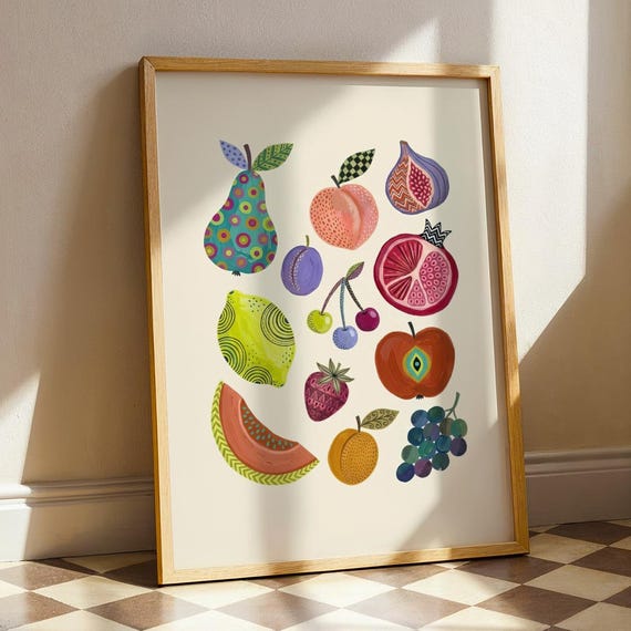 Maximalist Kitchen Wall Art Whimsical Folk Fruit Print Eclectic Food Poster Colorful Dining Room Decor Cottagecore Botanical Paint