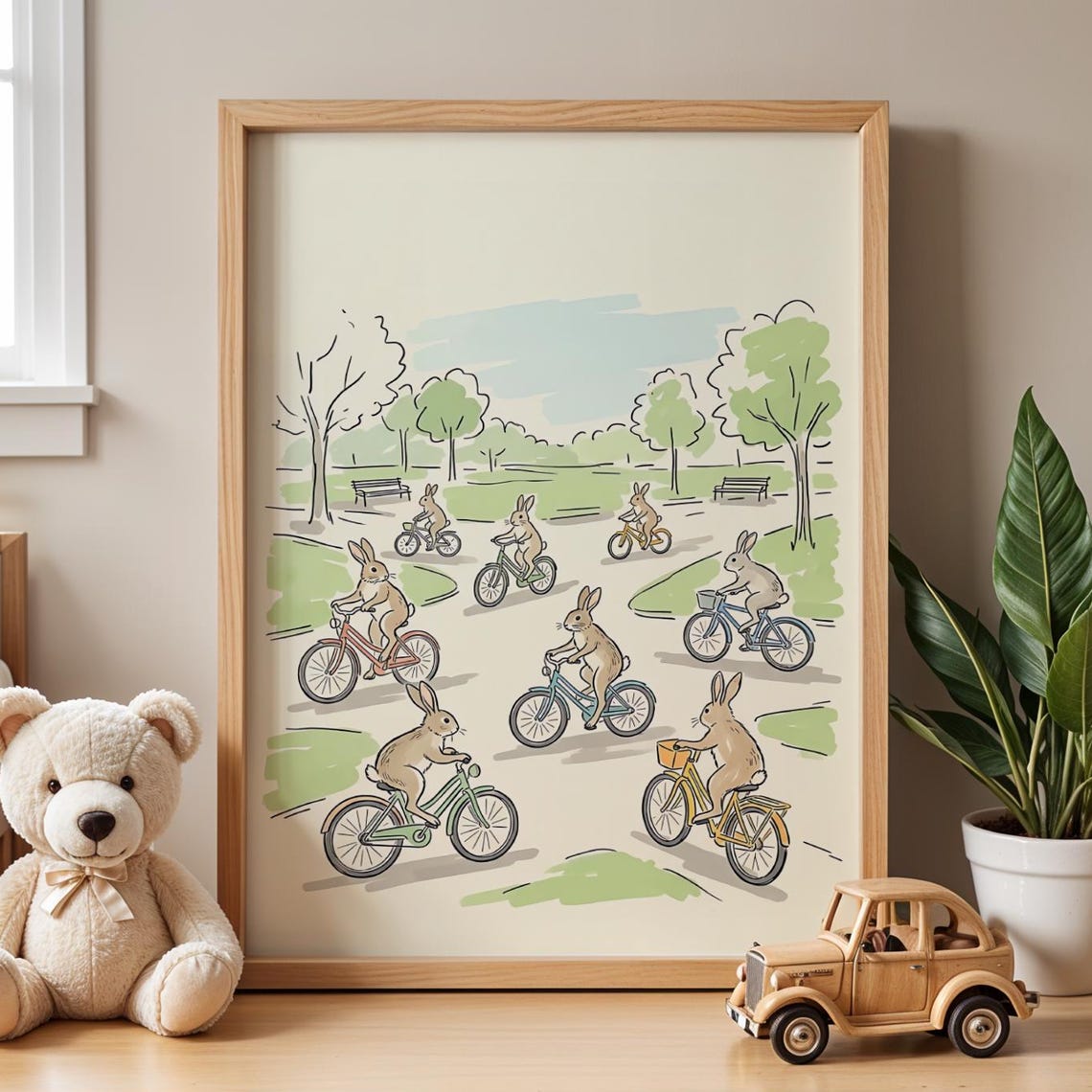 Whimsical Bunnies Riding Bicycles Park Storybook Nursery Poster