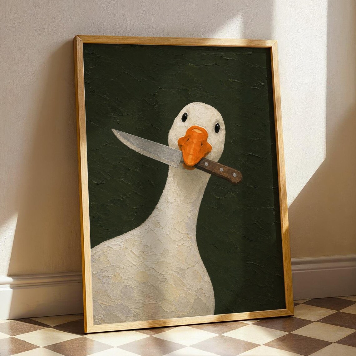 Whimsical Goose Holding Knife Dark Moody Cottagecore Oil Painting Art Print