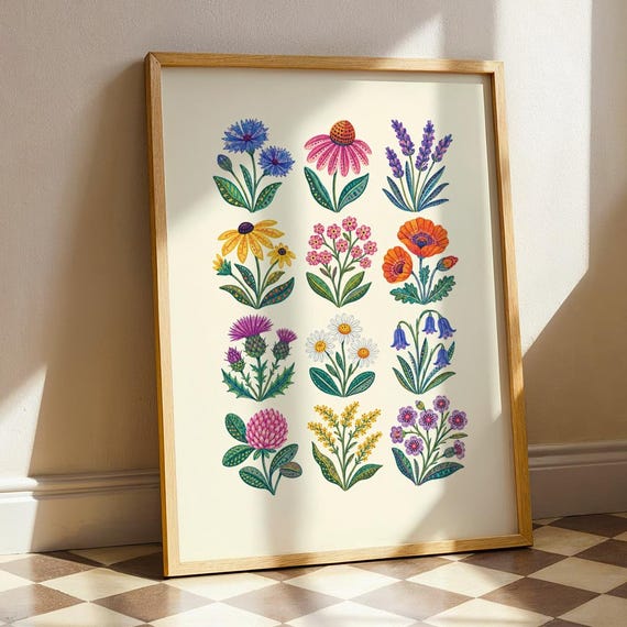 Wildflower Field Guide Poster Kitch Botanical Specimen Print Folk Art Floral Wall Decor Colorful Cottagecore Flower Identification Chart