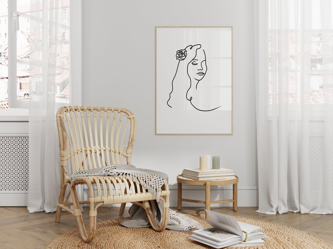 Minimalist Woman Line Art Portrait Rose in Hair Elegant Wall Art