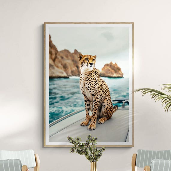 Cheetah On Yacht Print, Coastal Wildlife Portrait