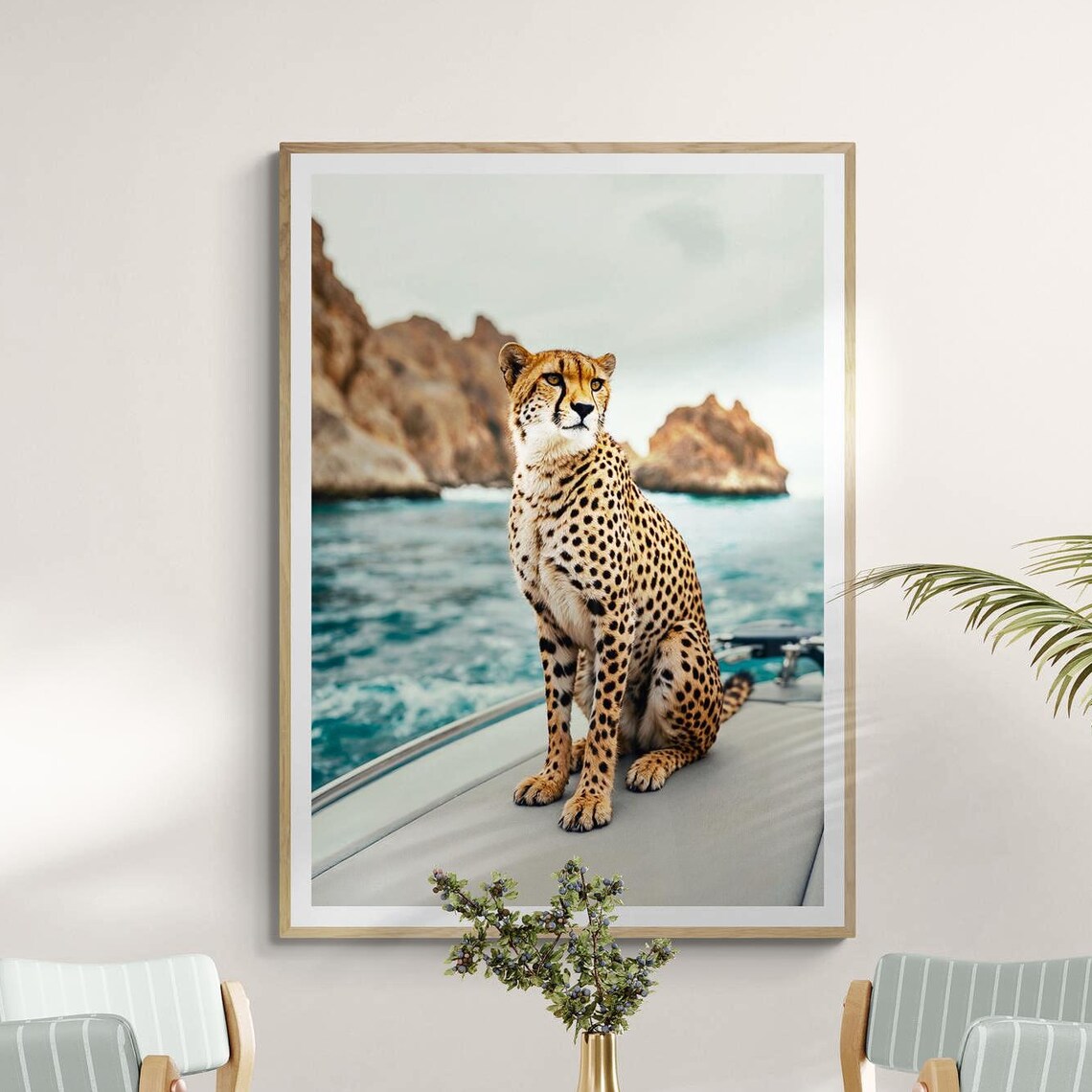 Cheetah On Yacht Print, Coastal Wildlife Portrait
