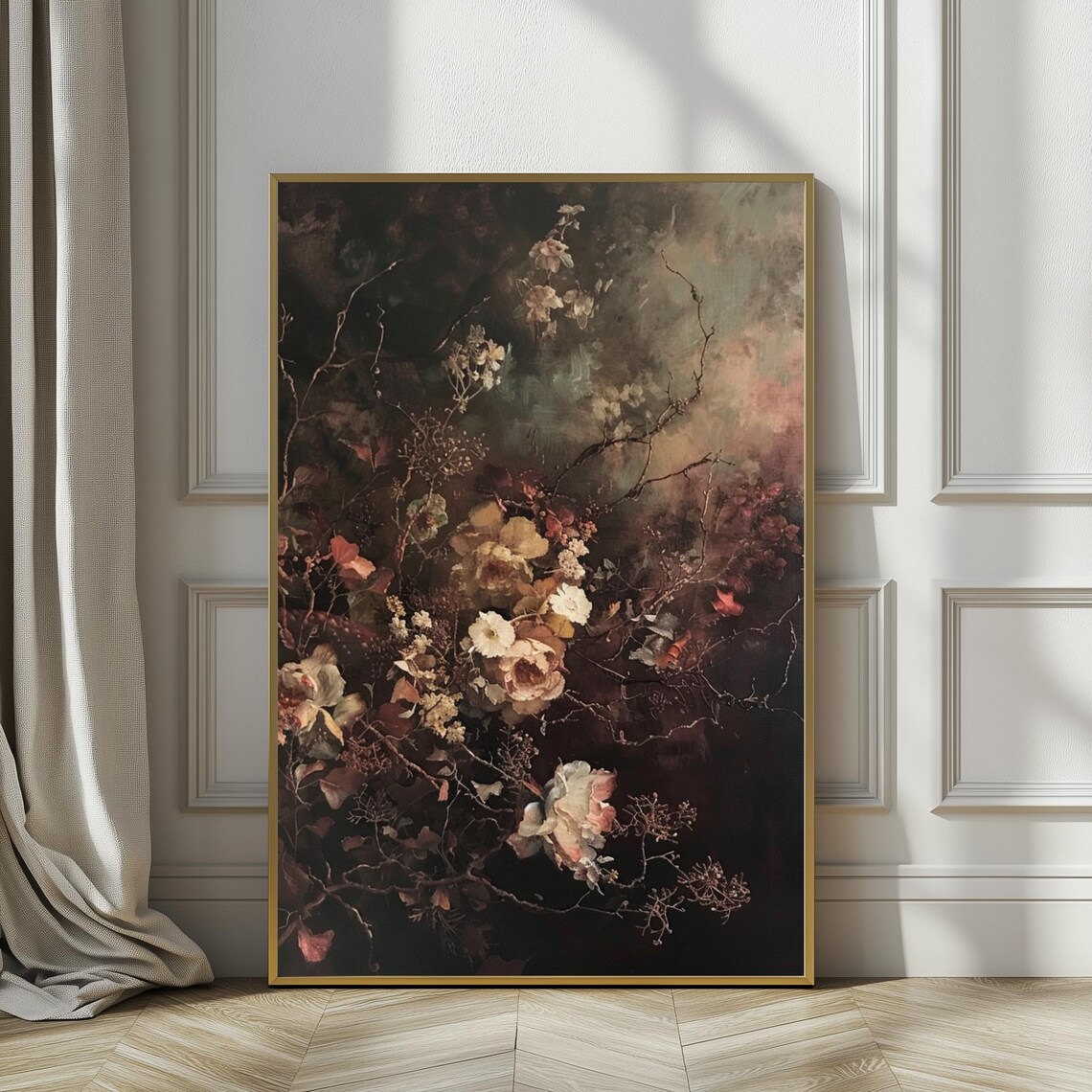Vintage Fall Floral Print, Moody Autumn Botanical Art